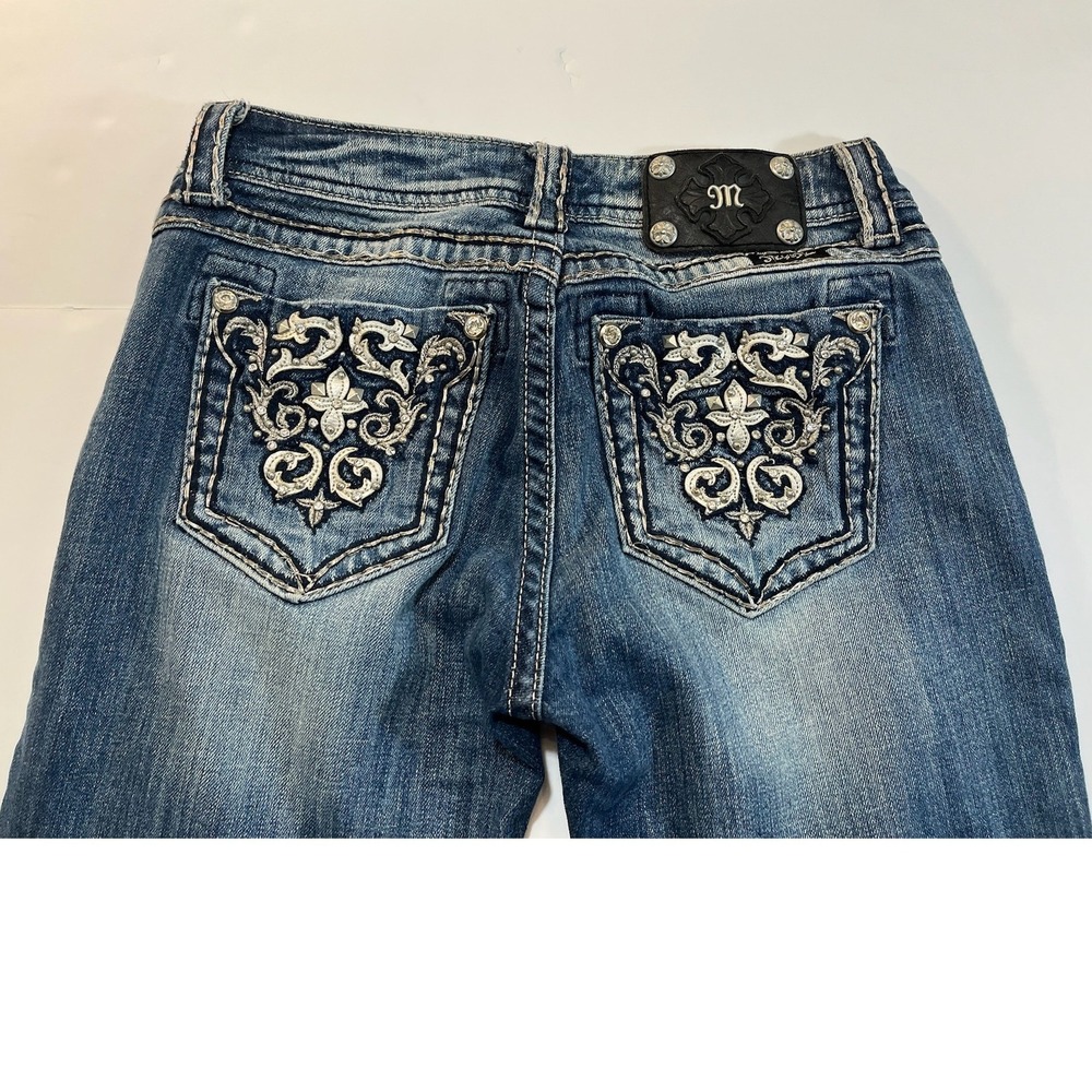Miss Me Easy Bootcut Jeans Womens 27 Blue Pacifica Embellished Hemmed 28 Inseam